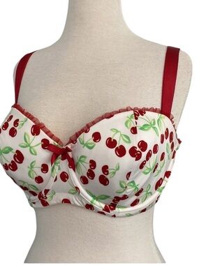 CACIQUE Cherry Print Ruffle Bow Retro Pinup Balconette Bra Coquette SZ 42D